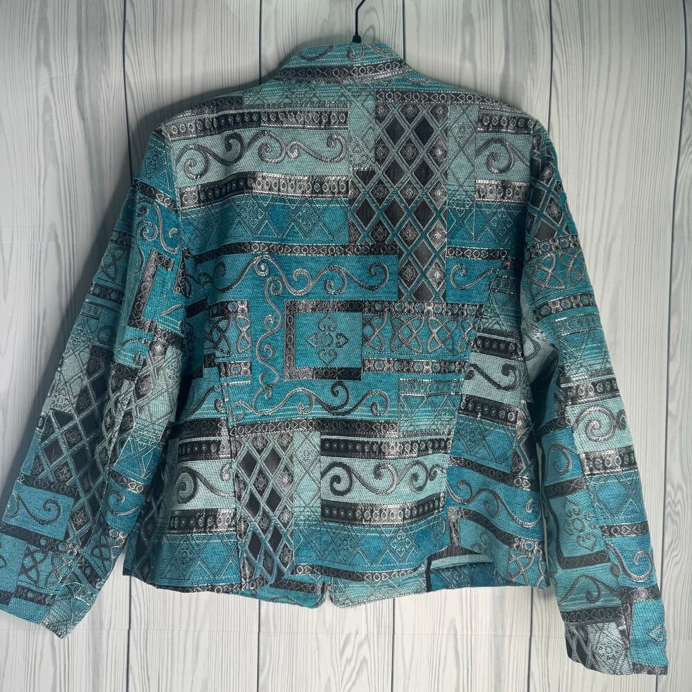 Vintage Dressbarn Womens Tapestry Blazer Jacket Sz XL Teal Art to Wear Full Zip - Picture 5 of 10